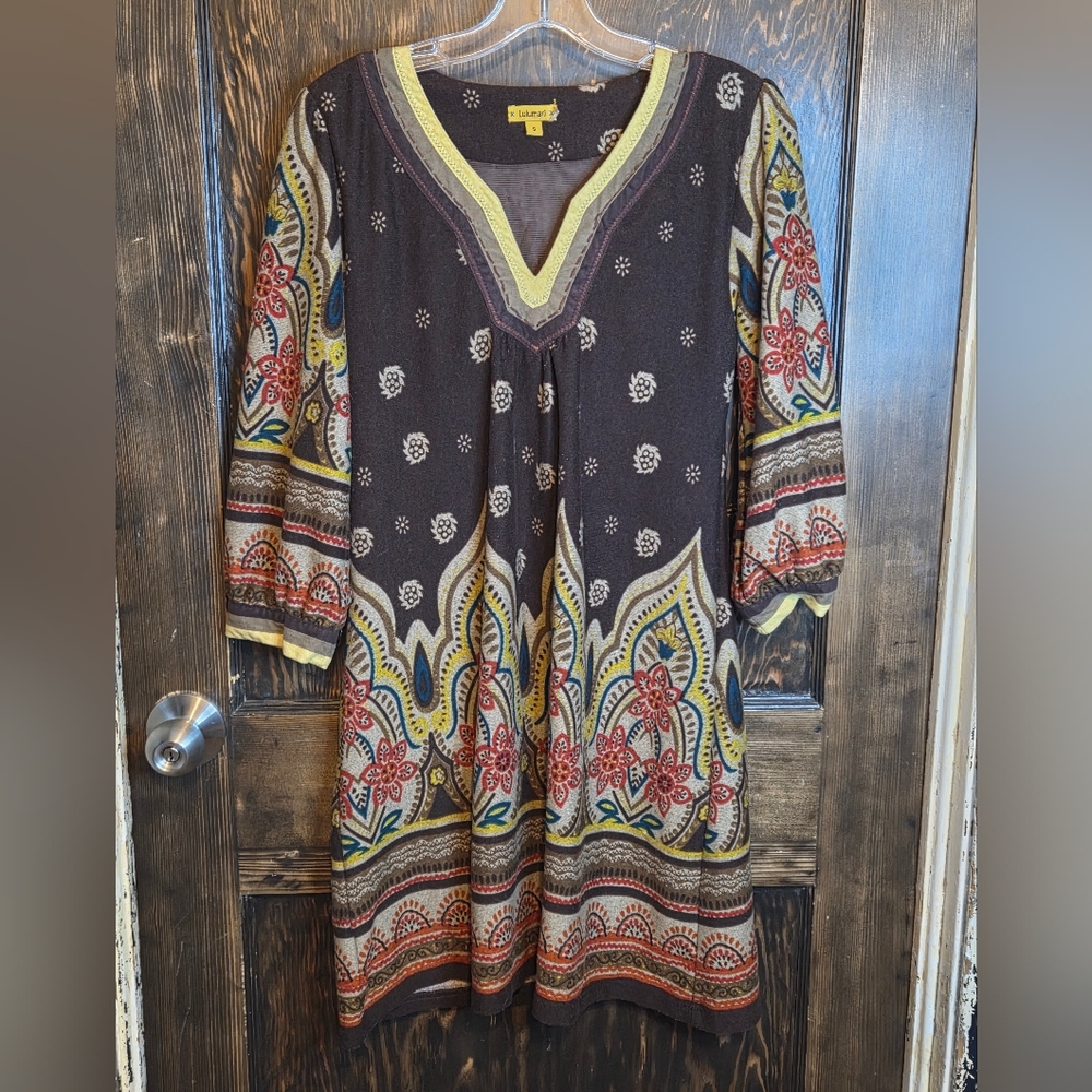 Anthropologie Lulumari Brown/Tan/Red/Yellow Floral Mandala Paisley Dress Sz S